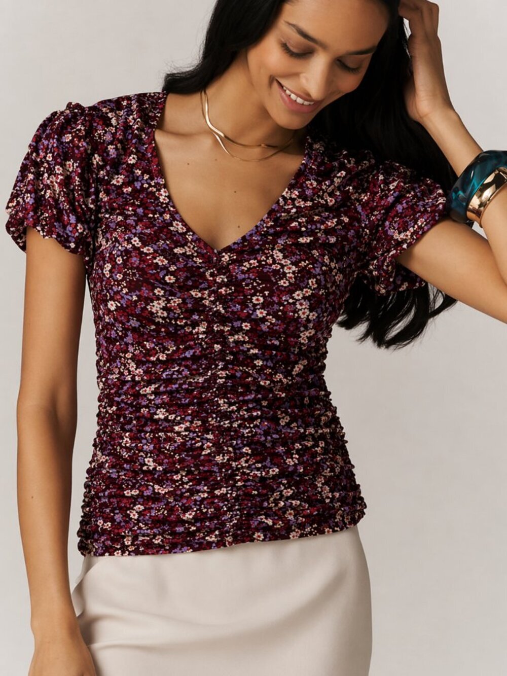 Anthropologie NEW Aurelia Ruched Shirred Red Ditsy Floral Mesh Top SZ Medium Y2K